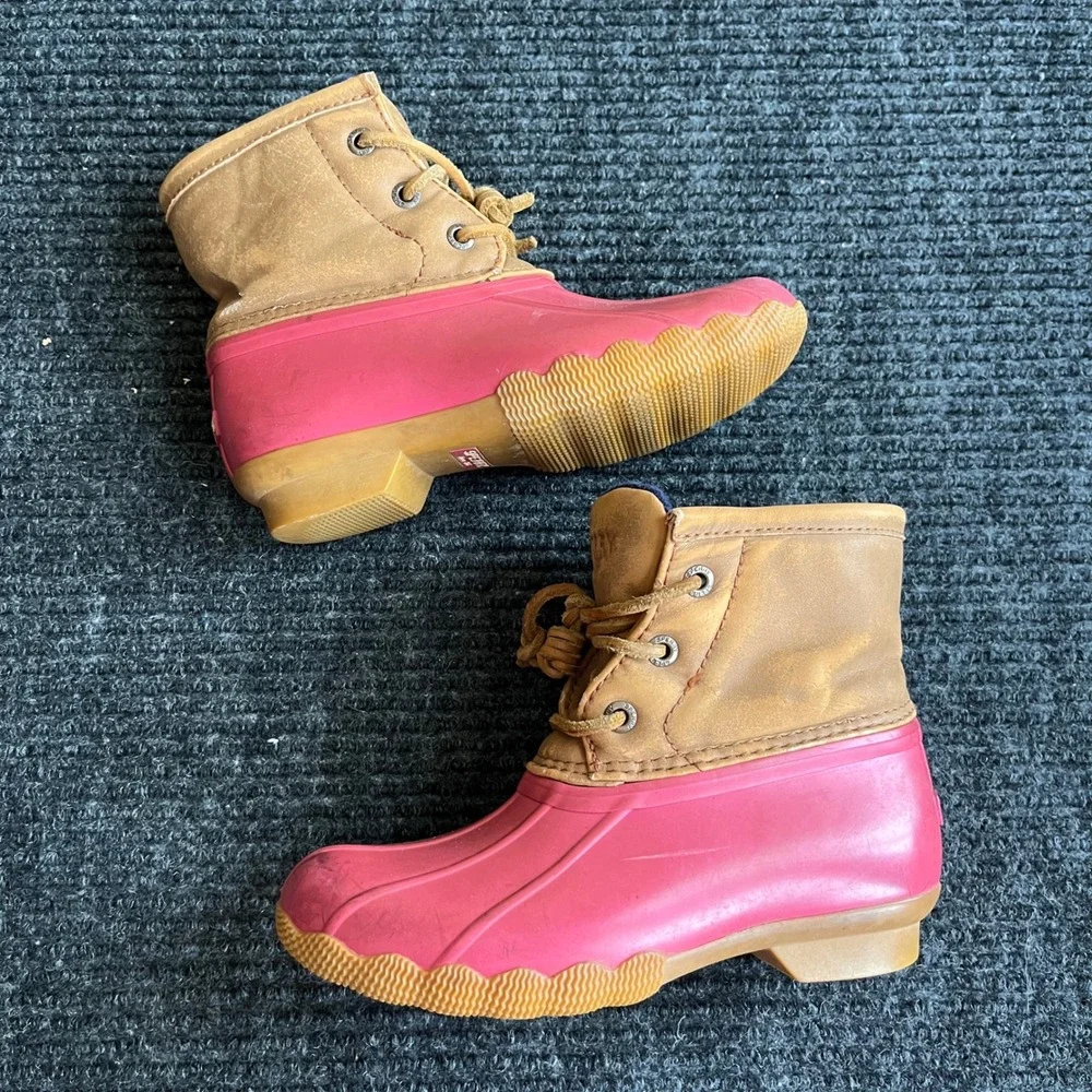 Sperry Saltwater Duck Boots Kids 11M Pink Tan Waterproof Side Zip rain snow shoe